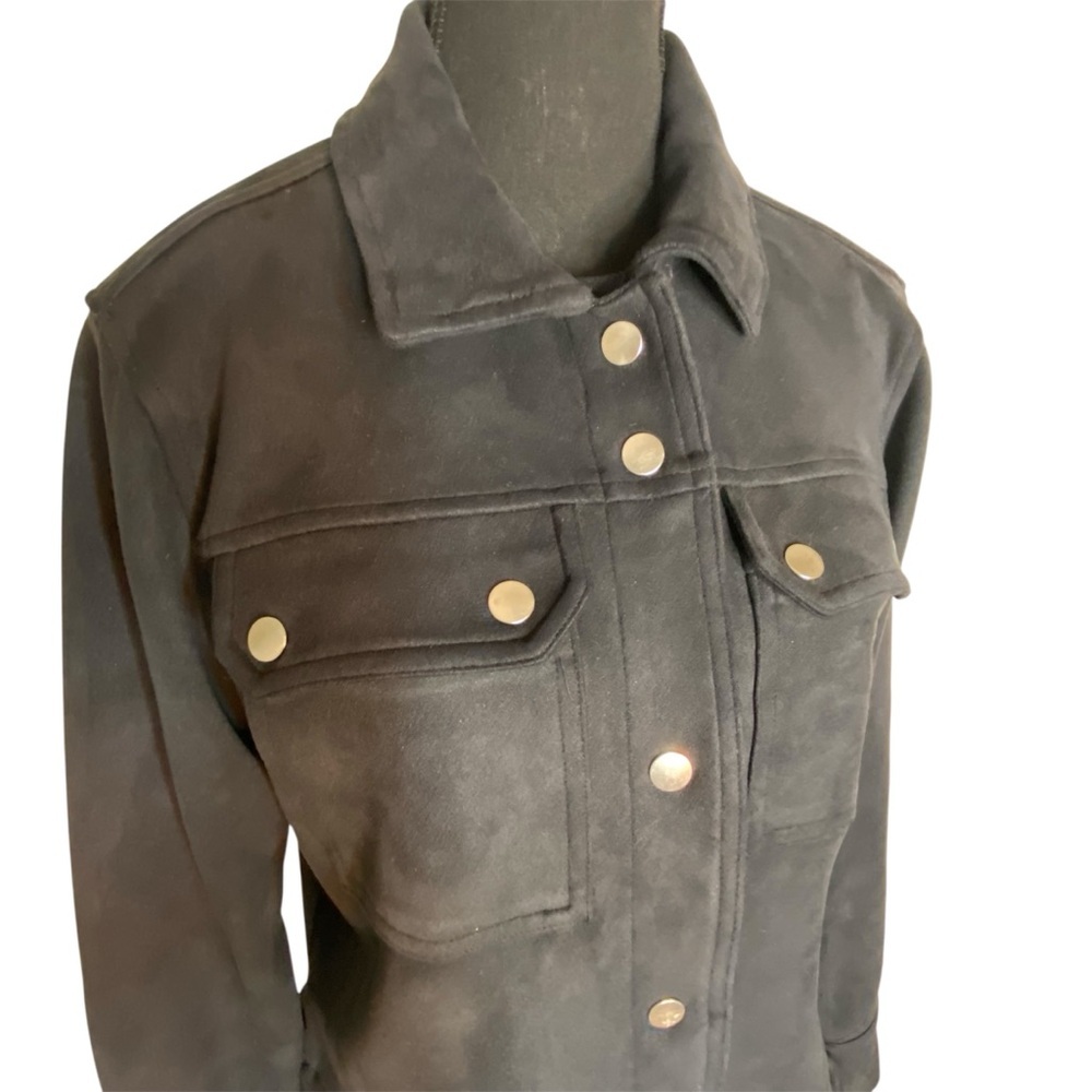 DIP Black Microsuede Jacket Crop Biker Moto Snaps Pockets Lightweight Sz Medium - Picture 2 of 10